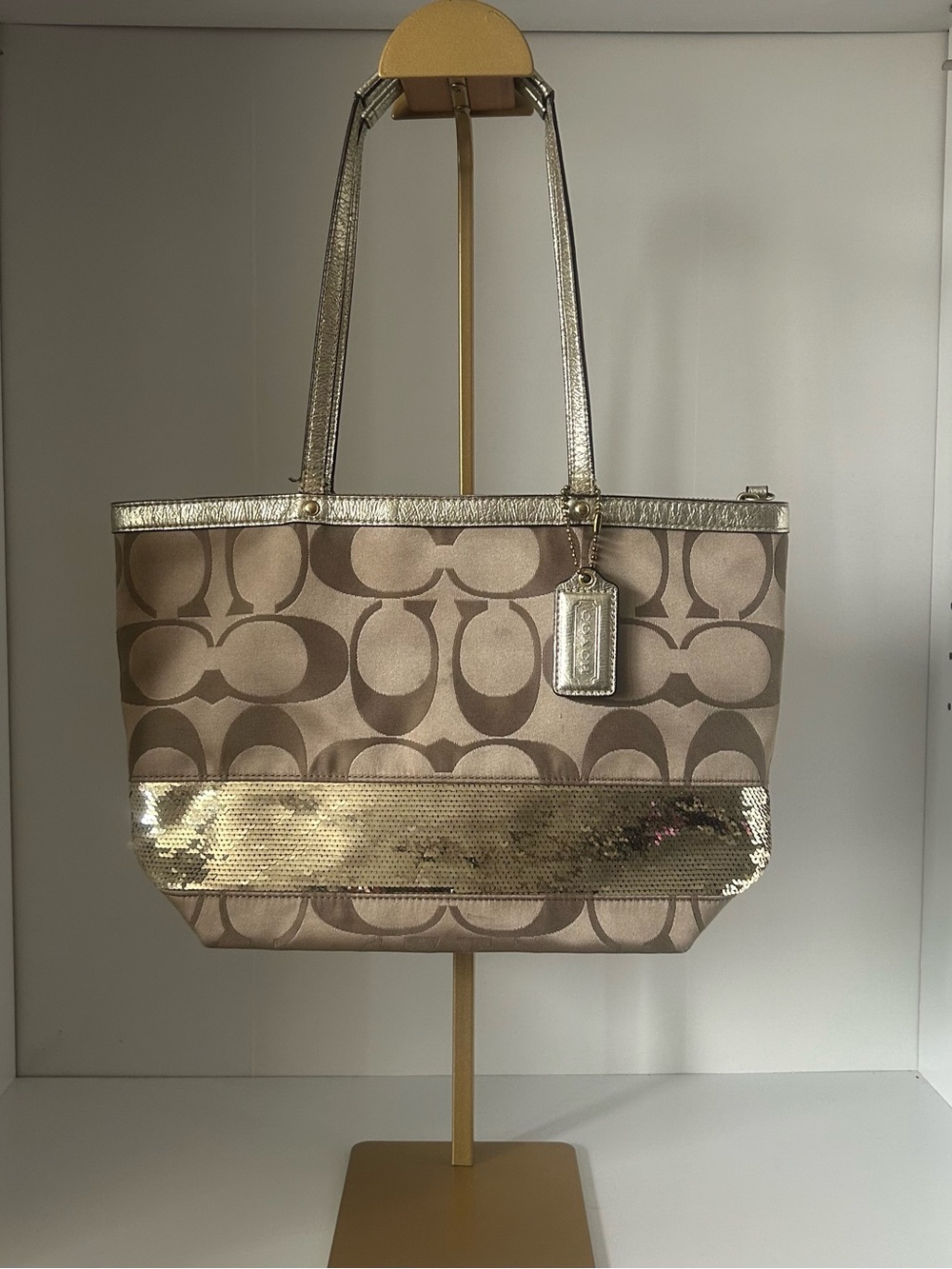 Coach Signature Canvas Tote with Gold Sequin Band